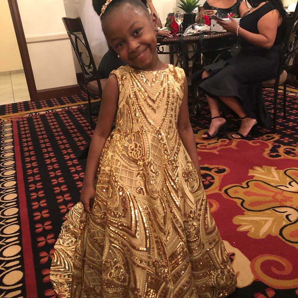 Custom Gold Flower Girl Dress with a mini Train